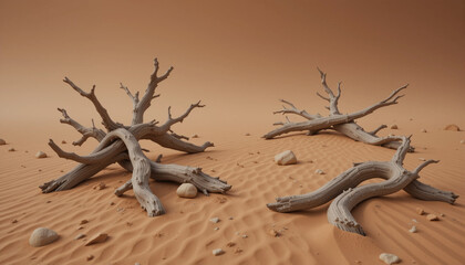 Fototapeta premium Rough Boulders and Weathered Tree Branches on Desert Sand Dunes — Natural Textures and Landscapes