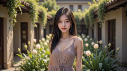 Beautiful Asian Woman in Summer Dress Posing in Lush Garden, Natural Light, Elegant Style, Outdoor Portrait