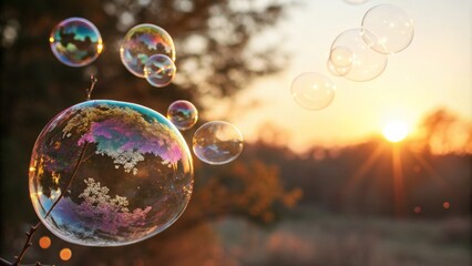 Reflecting Bubbles at Sunset, delicate, dreamlike