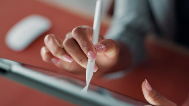 Person, hands and writing with tablet for digital drawing, sketch or interactive display at office. Closeup, user or graphic designer on technology or pen for online app, UI design or UX at workplace