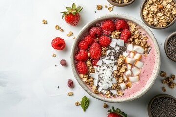 Vegan berry smoothie bowl topped with granola coconut and hemp seeds viewed from above on a white marble surface