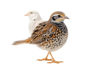 Fototapeta premium Wild quail ,Single Quail Isolated on White for Wildlife and Bird Concepts: Detailed Brown and Black Patterned Bird Imagery: Quail, Isolated, White, Bird, Wildlife, Nature, Brown, Black, Patterned.
