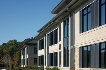 A beige modern building with black windows and a stone facade