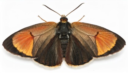 Detailed moth macro with orange/brown wings on white. Ideal for nature study and design.