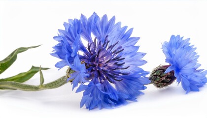 An extreme close-up, low-angle shot of Cornflowers (Centaurea cyanus) bloom, highlighting the hairy, green bracts (the base of the flower head) and the fully open, electric blue petals. 