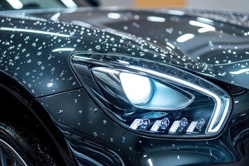 Water beads illustrating hydrophobic properties on car surface post ceramic coating