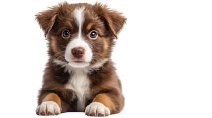 Fluffy border collie puppy sitting and facing forward, isolated on white background