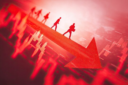 Businessmen walking on a descending red arrow representing stock market crash