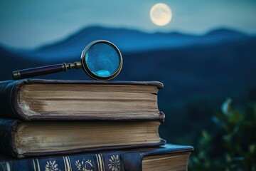 An antique magnifying glass rests on a stack of old books under a full moon, evoking mystery and knowledge.