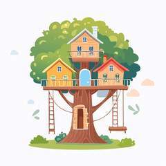 A whimsical treehouse village interconnected by rope bridges.
