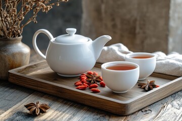 Fototapeta premium White tea set with cups and teapot displaying goji berries and star anise on a wooden tray against a wood backdrop with blank space available