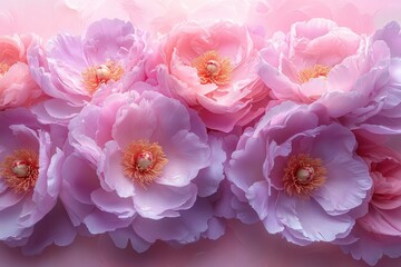 Fototapeta premium Soft, delicate pink and lavender peony blossoms in close-up view.