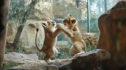 Playful lion cubs: Tumbling and wrestling.
