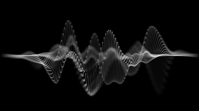 Abstract white on black background of sound waves. Abstract wave motion equalizer. Seamless loop. Music line graph, white sound wave spectrum animation, music line graph with black background