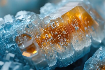 A mesmerizing image showcasing a circuit board embedded within a crystalline structure, symbolizing the fusion of nature and technology.