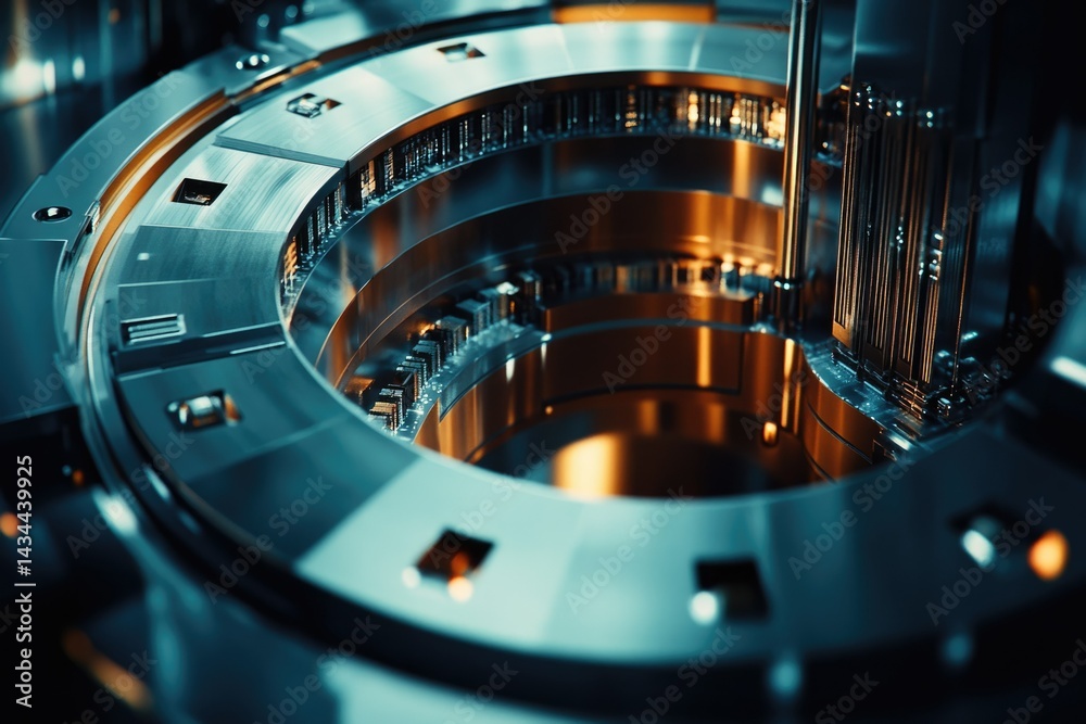 Poster close-up view of intricate metallic machinery, showcasing complex gears and polished surfaces with w