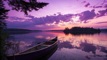 Purple and pink sunset over lake with canoe &ndash; illustration