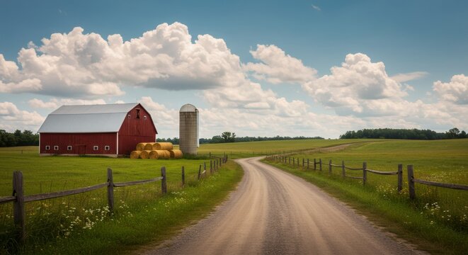 A rural landscape with a red barn, haystack, silo, and dirt road winding through lush green field under a blue sky conceptualizing agriculture and country life.