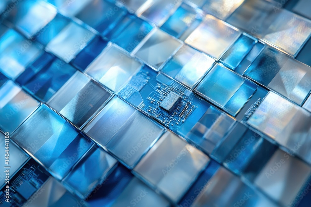 Poster a microchip nestled among blue, translucent tiles, symbolizing technological integration and innovat