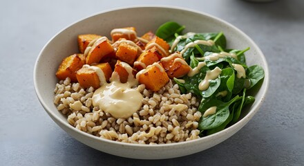 Fototapeta premium A vibrant and healthy grain bowl with roasted butternut squash, spinach, and a creamy sauce.
