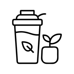 Plant based protein shake in shaker bottle with leaf logo and small potted plant outline