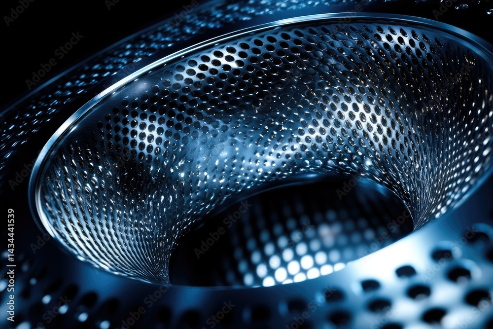 Aufkleber close-up of a metallic, perforated, funnel-shaped object with a swirling, abstract design.