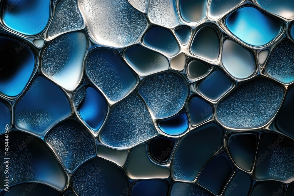 Poster abstract image of interconnected, organic shapes in shades of blue and silver, resembling a fluid mo