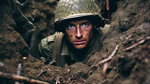 A soldier takes cover in the muddy trenches, alert and focused, during the intense combat of World War II in a war-torn landscape, ready for the next encounter with the enemy