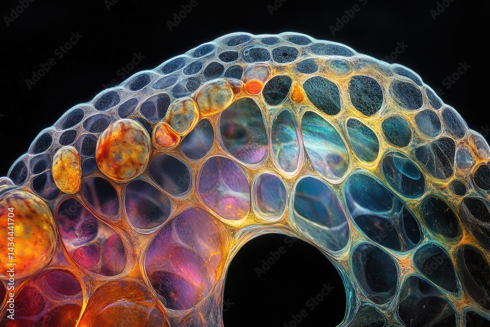 Poster microscopic image reveals vibrant, iridescent cells forming a honeycomb-like structure.