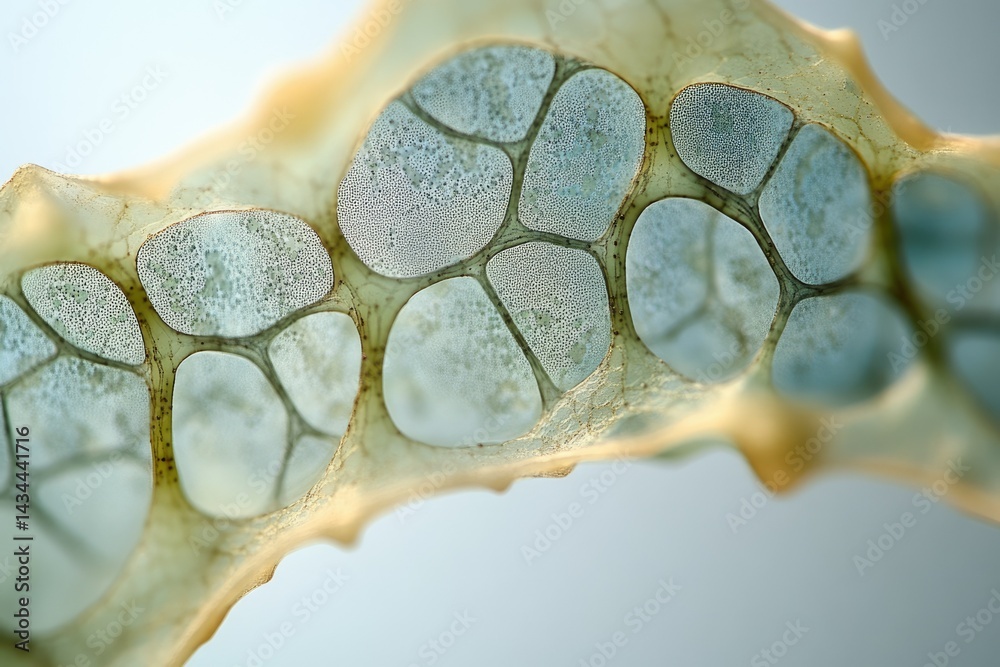 Poster microscopic view of a plant's cellular structure, revealing intricate network of cells.
