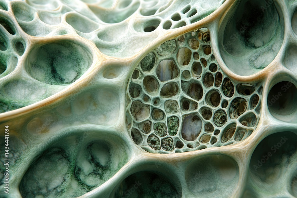 Poster abstract 3d render of a porous, organic structure resembling bone or coral, with interconnected cavi