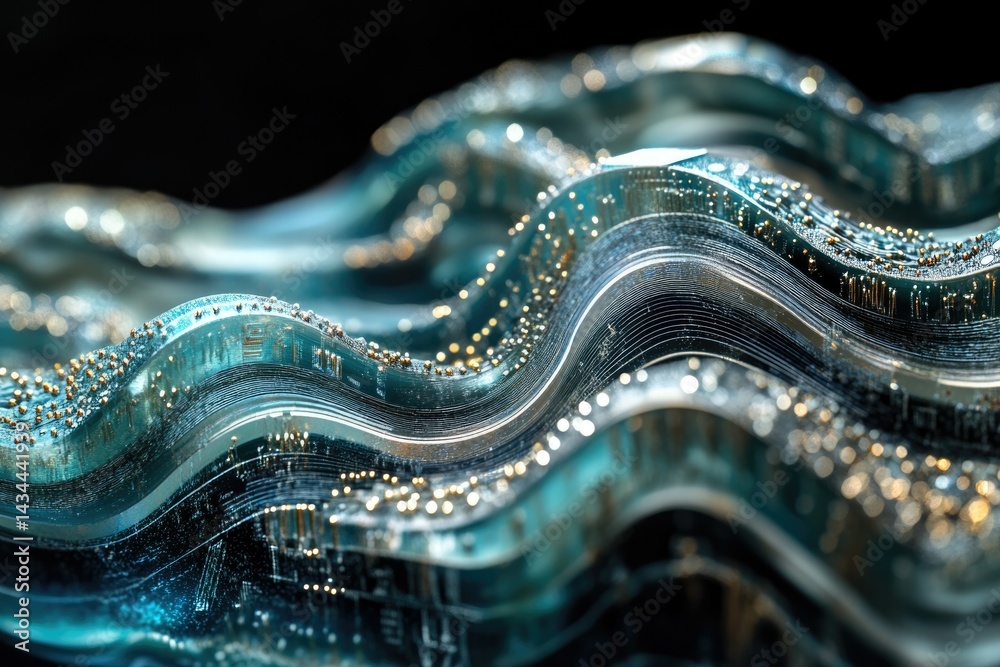 Poster abstract digital landscape of wavy circuit boards with gold connectors, representing data flow and t