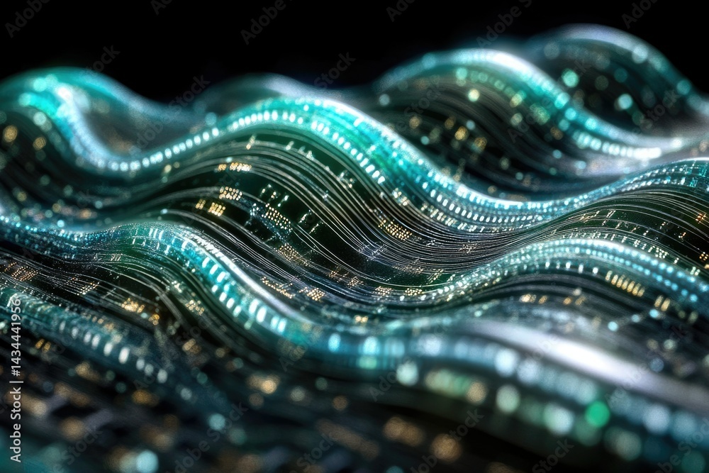 Poster Abstract wavy digital data stream, glowing teal and gold, representing technological flow and connectivity.