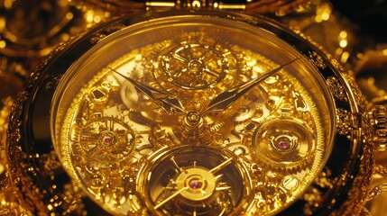 Close-up shot of a luxurious gold pocket watch showcasing its intricate inner workings and detailed gears.