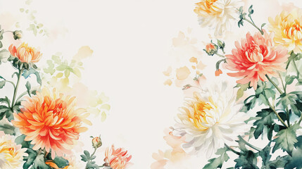 watercolor botanical Chrysanthemum flowers texture template background.Elegant wedding invitation card background . Minimal hand painted Design for wedding or Valentine's Day