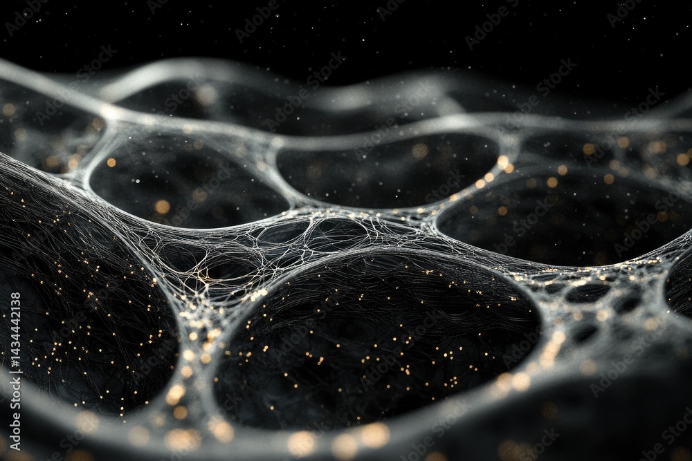 Poster Intricate web-like structure with glowing particles, abstract digital art.