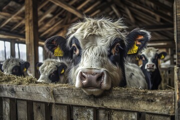 A black and white cow with yellow ear tags peers over a wooden fence in a barn, looking directly at the camera