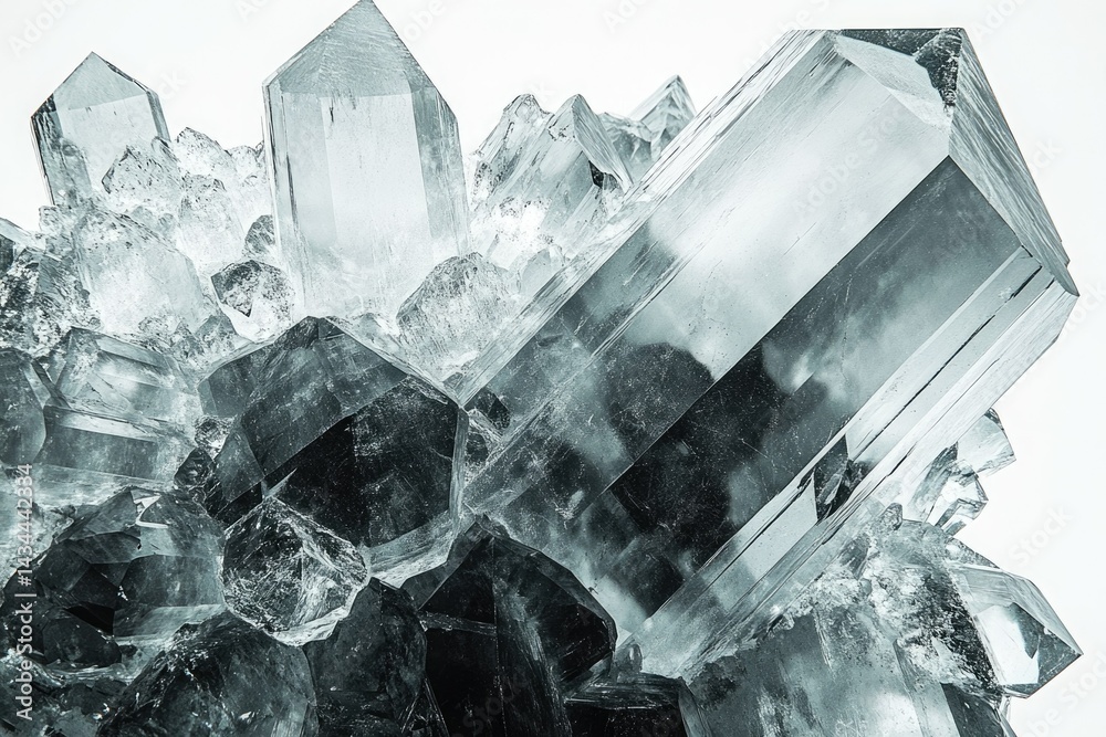 Poster a cluster of large, translucent quartz crystals with sharp, geometric formations.