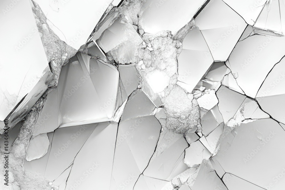 Poster shattered white surface, fragmented geometric shapes, monochrome texture, abstract design.