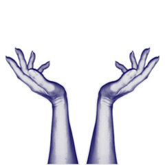 Human hands in dotted pop art style holding something or protect. Halftone woman hands isolated on transparent background. Collage element for posters, banner, mixed media design