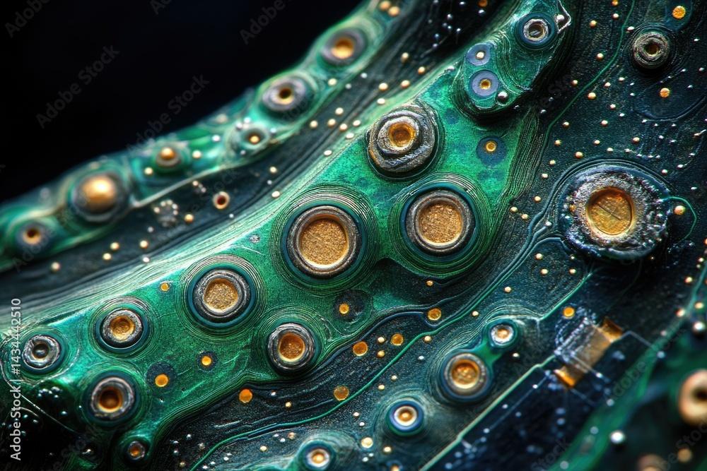 Aufkleber Close-up of a circuit board, showcasing intricate patterns and gold-plated components.  A mesmerizing technological texture.