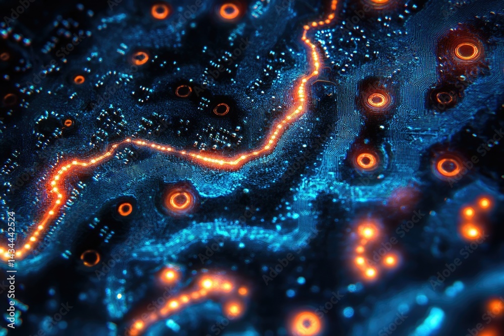 Aufkleber abstract digital artwork depicting a circuit board with glowing orange pathways on a blue background
