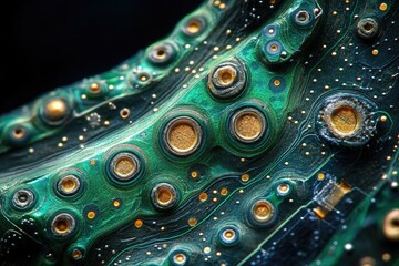 Close-up of a circuit board, showcasing intricate patterns and gold-plated components.  A mesmerizing technological texture.