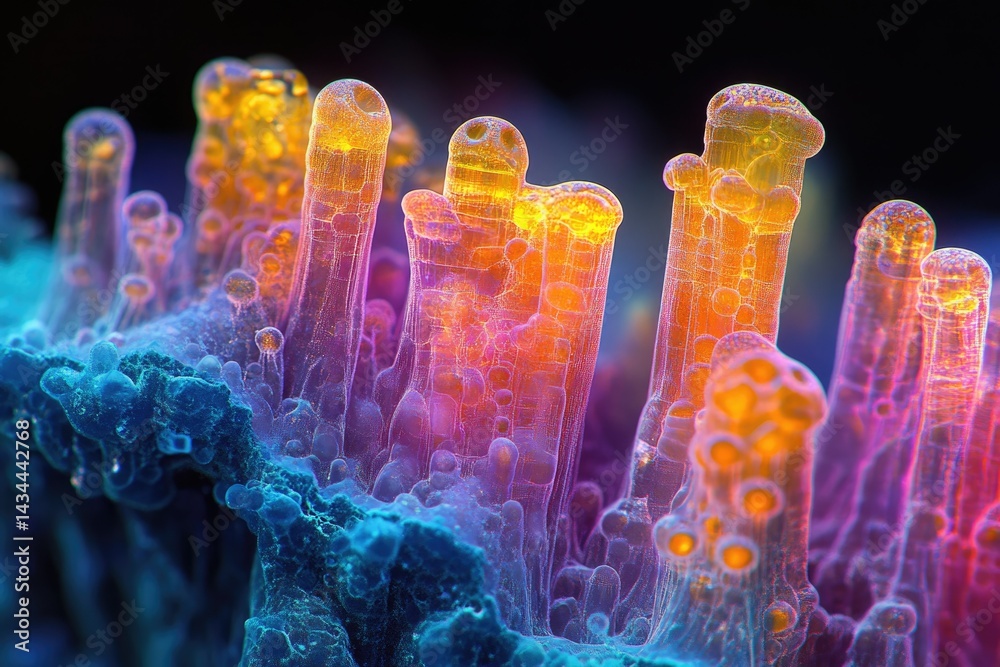 Poster microscopic view of vibrant, colorful cellular structures resembling coral or a complex biological n