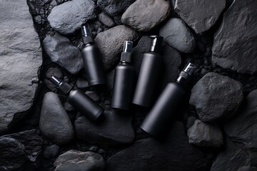 radiant dark bottles on stone in bold composition  
