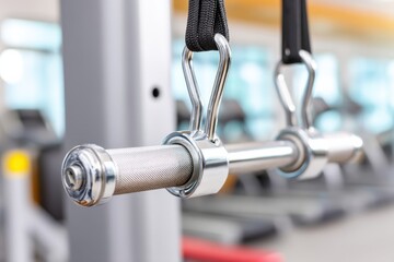 Close-up of lat pulldown bar hanging in modern gym