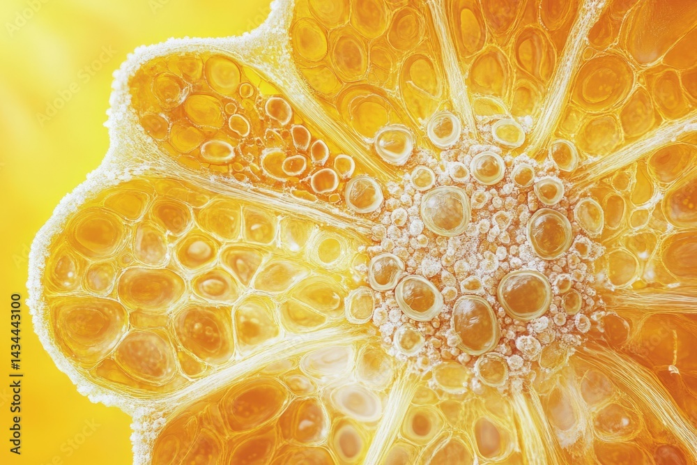 Poster close-up of a vibrant, textured, sunlit citrus fruit, revealing intricate cellular structure.