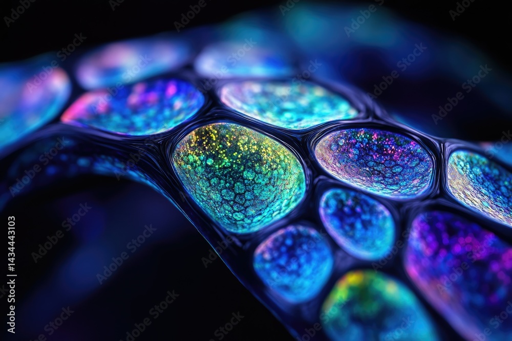 Poster abstract close-up of iridescent, bioluminescent cells forming a flowing, interconnected structure.