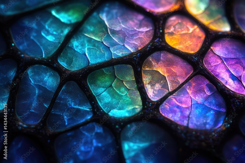 Poster Intricate network of iridescent, gemstone-like structures, glowing with vibrant colors.