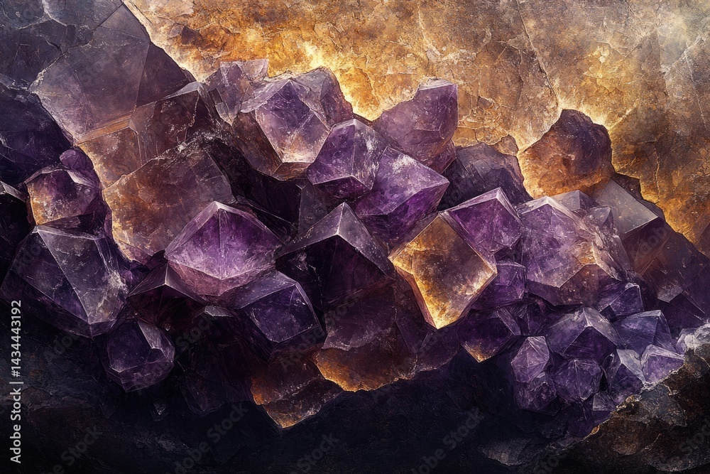 Poster a stunning close-up of amethyst geodes showcasing deep purple crystals intermingled with golden brow